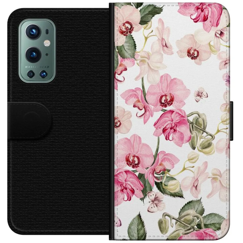OnePlus 9 Pro Sort Lommebokdeksel Rosa blommor v:8096813