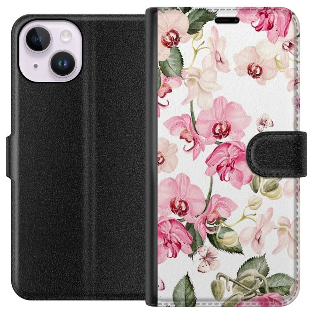 Apple iPhone 15 Sort Lommebokdeksel Rosa blommor v:1992290