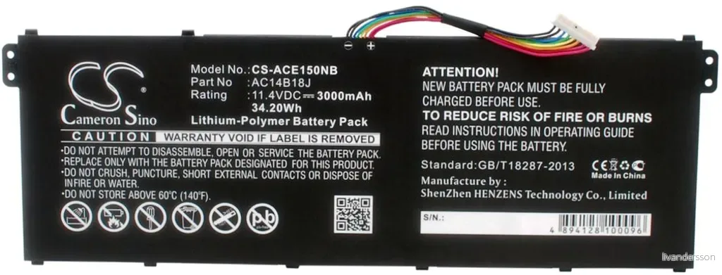 Batteri til Acer Aspire ES1-331-P3ZE, 11.4V, 3000 mAh v:1018862