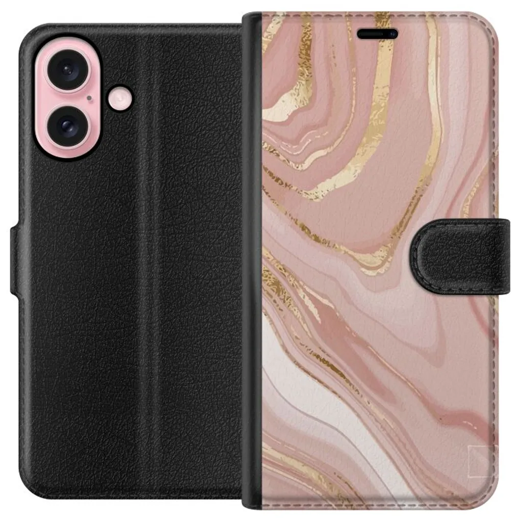 Apple iPhone 16 Sort Lommebokdeksel Ljusrosa marmor v:3381693