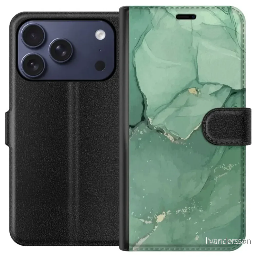 Apple iPhone 18 Pro Sort Lommebokdeksel Grön Marmor v:7790987
