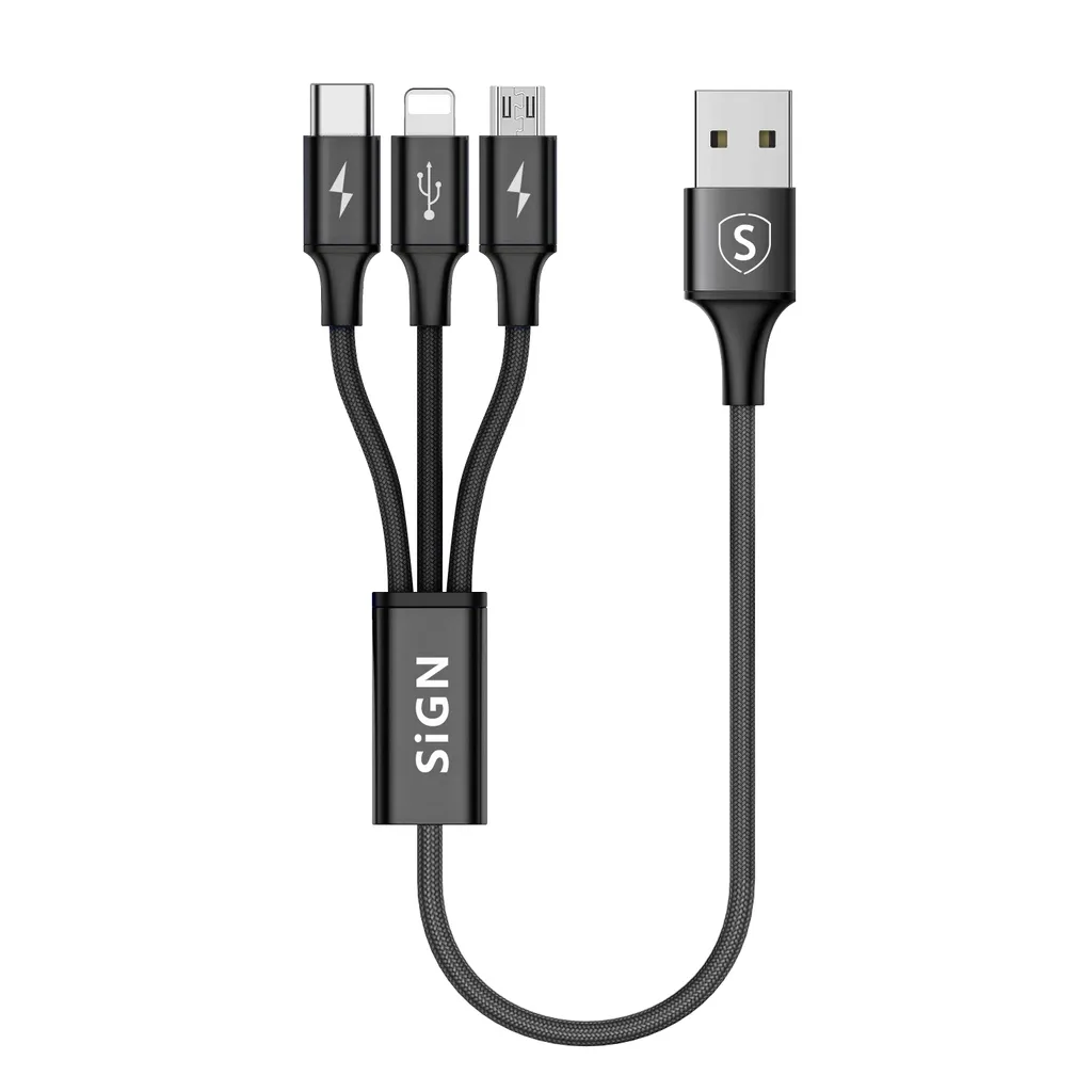 SiGN 3-i-1 kabel Lightning, USB-C, Micro-USB, 2,4A, 0,25m – Svart v:2468573