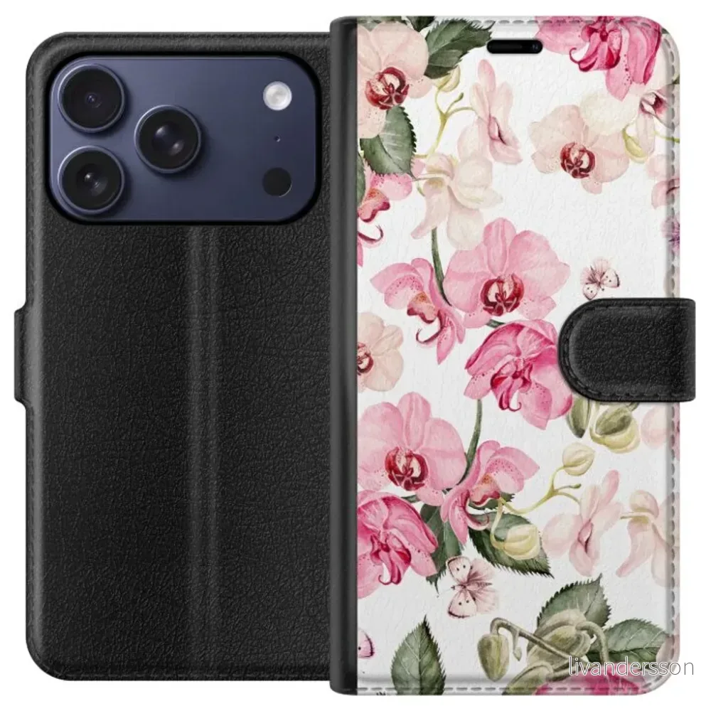 Apple iPhone 18 Pro Sort Lommebokdeksel Rosa blommor v:4764207