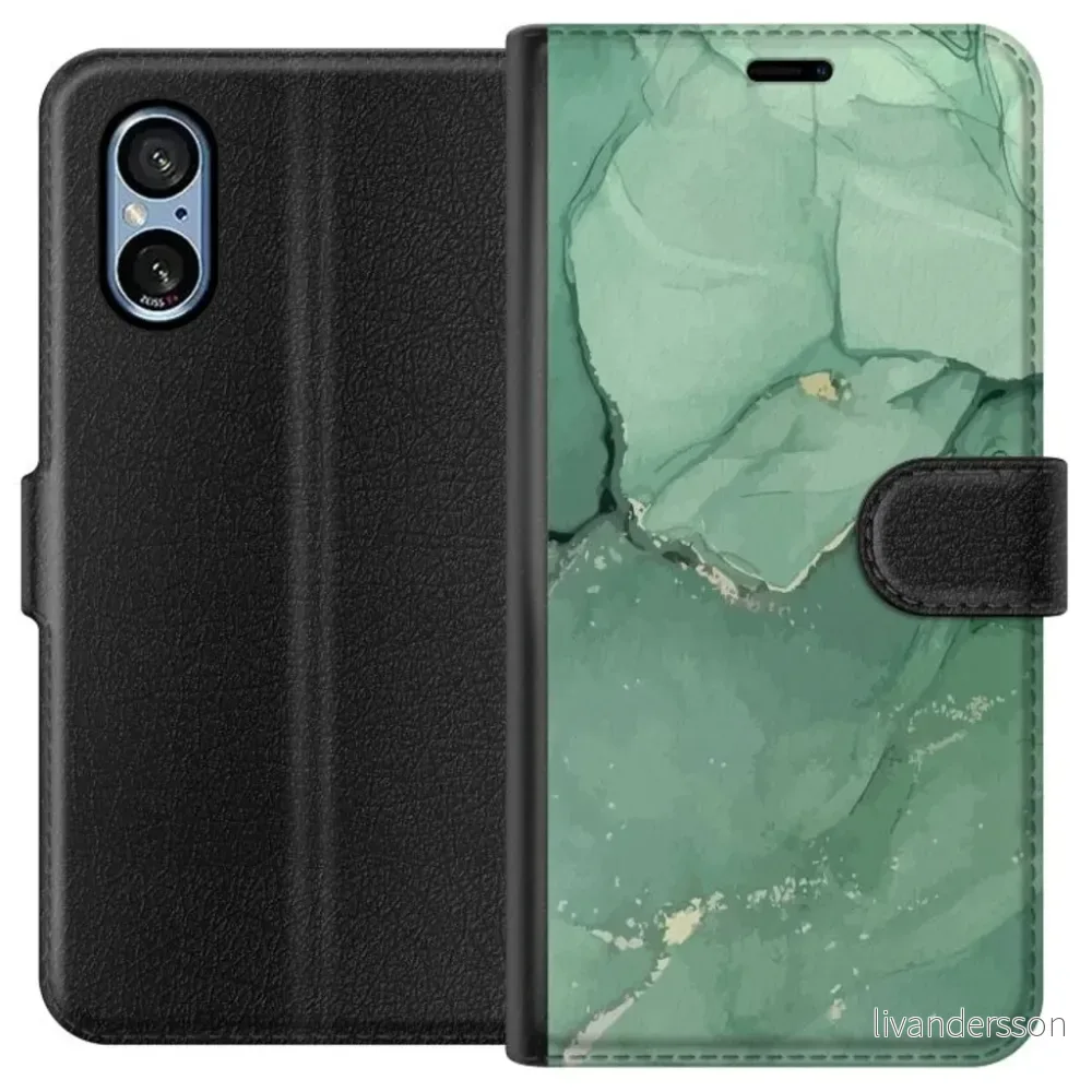 Sony Xperia 5 V Sort Lommebokdeksel Grön Marmor v:6932573