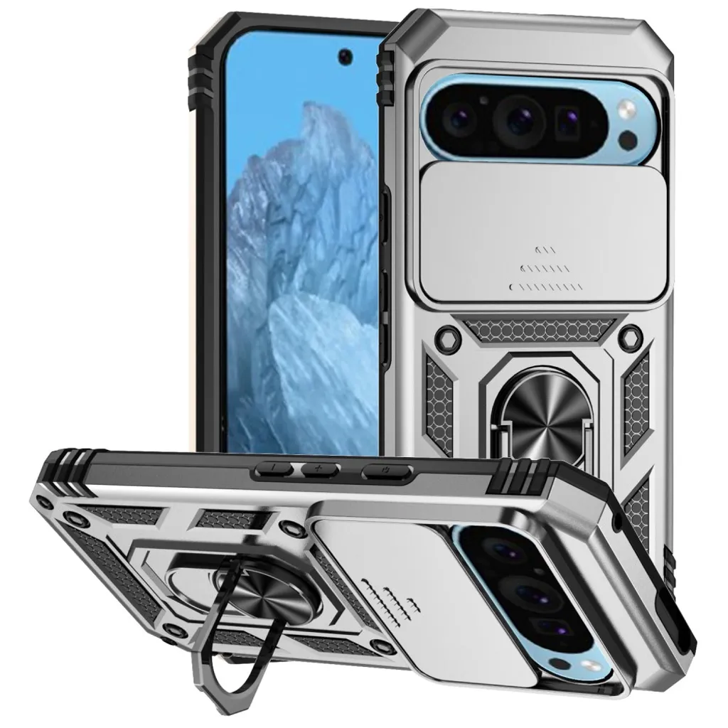 Google Pixel 10 Pro / 10 / 9 / 9 Pro Deksel med Stativ – Sølv v:9668474