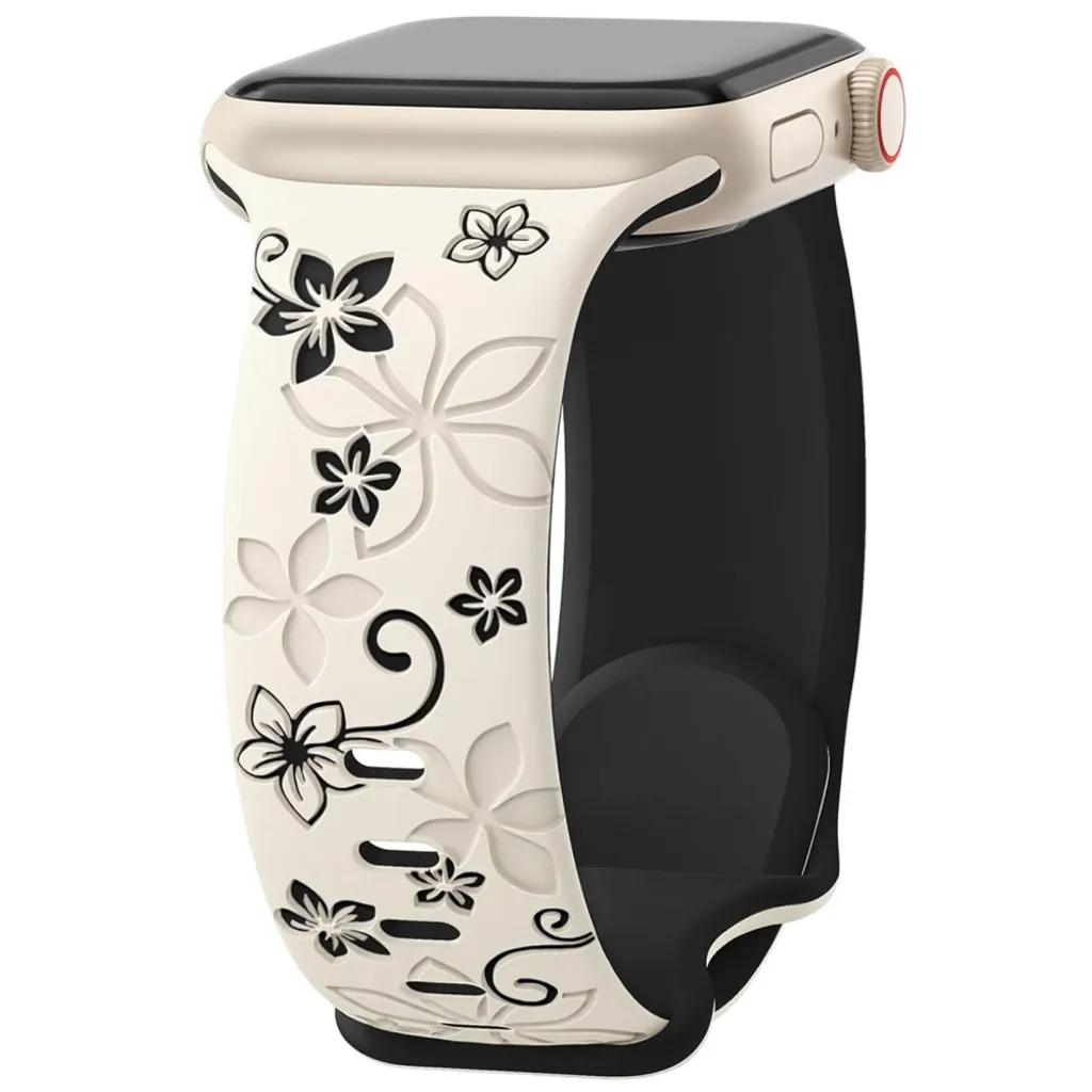 Apple Watch 38/40/41/42mm Klokkereim i silikon med blomstermønster – Hvit/Svart v:1110274