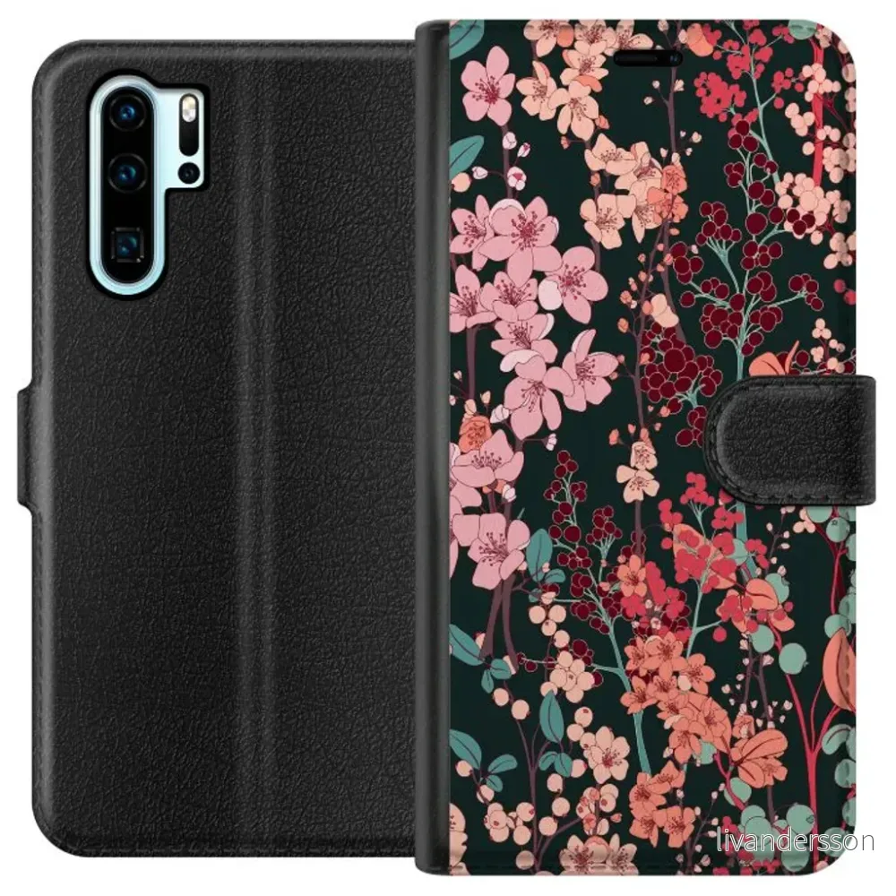 Huawei P30 Pro Sort Lommebokdeksel Blommor v:9324755