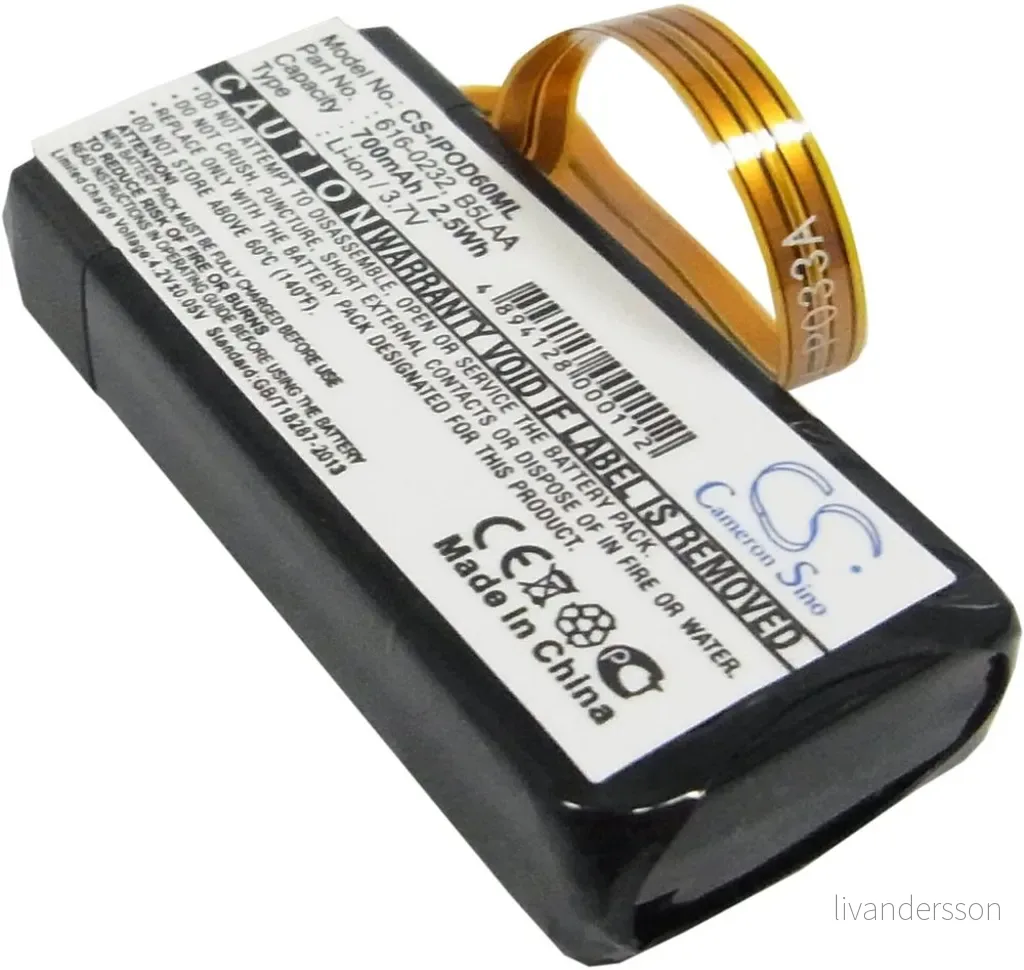Batteri til Apple iPod Video 60GB MA147HK/A, 3.7V, 700 mAh v:4951176
