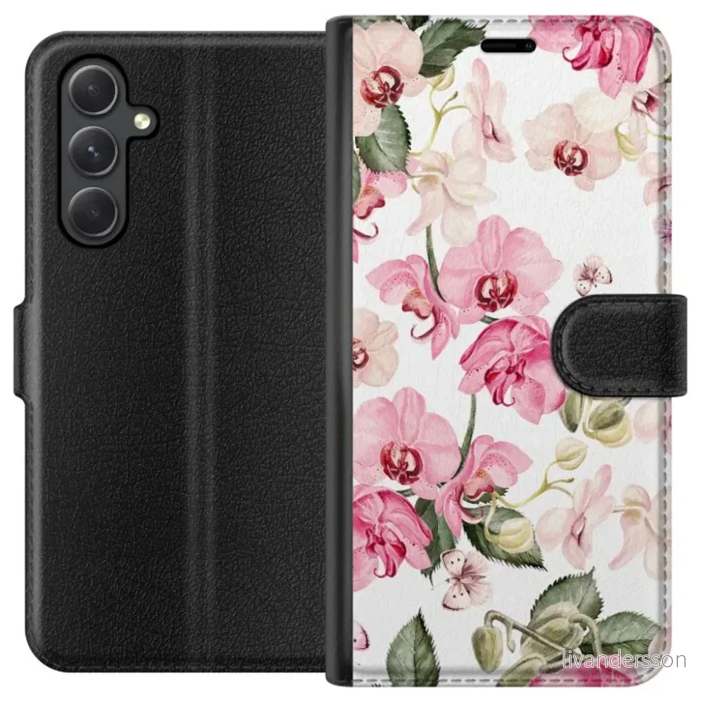 Samsung Galaxy A35 Sort Lommebokdeksel Rosa blommor v:2925385