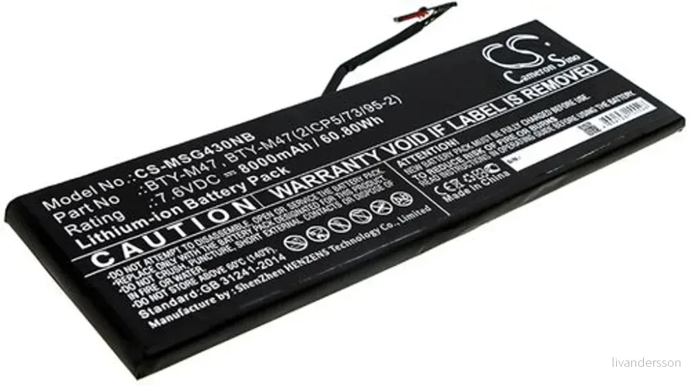 Batteri til Msi GS40 6QE-012NL, 7.6V, 8000 mAh v:1285448