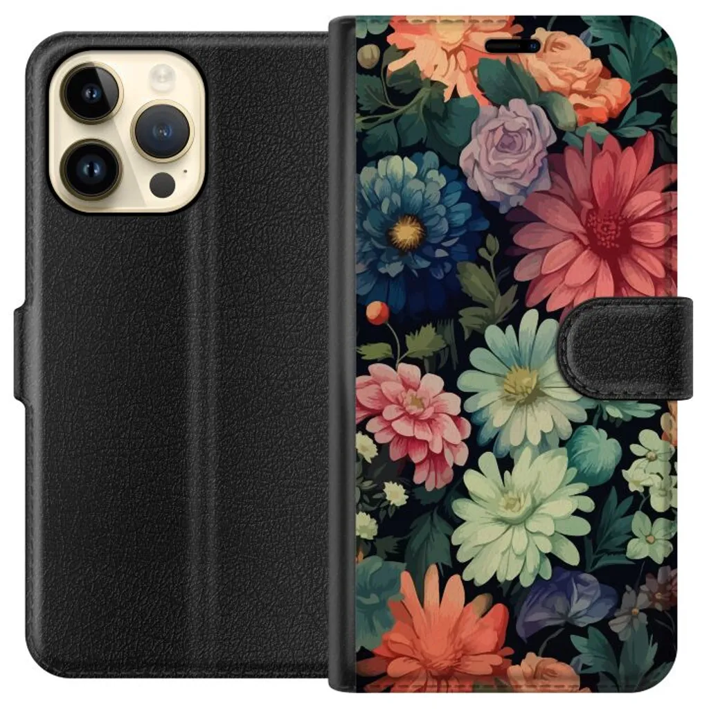 Apple iPhone 15 Pro Max Sort Lommebokdeksel Färglada blommor v:8846141