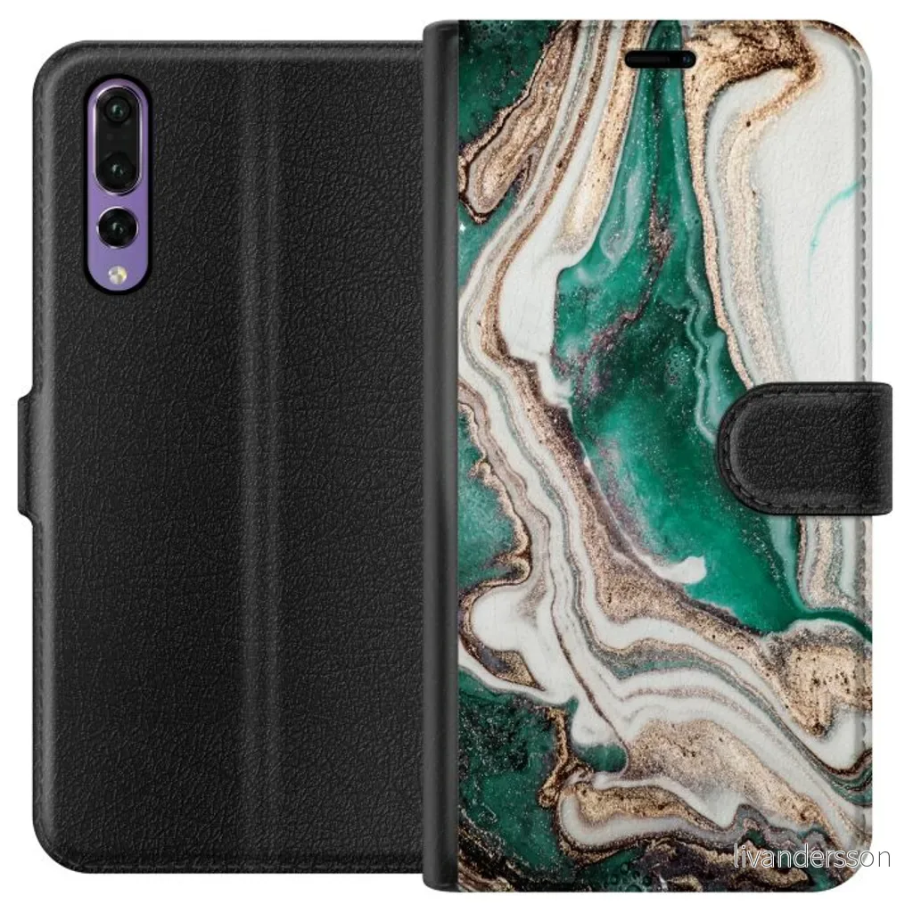 Huawei P20 Pro Sort Lommebokdeksel Grön / Guld marmor v:2994825