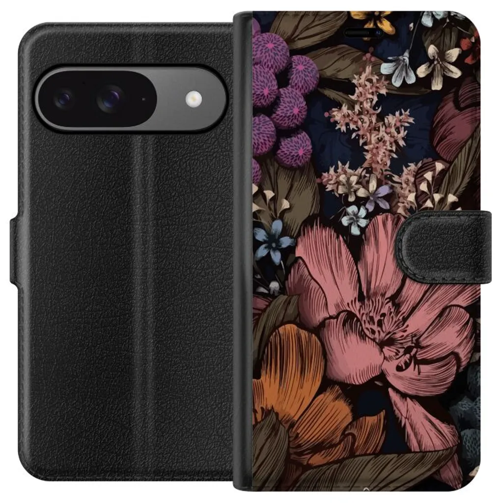 Google Pixel 9 Sort Lommebokdeksel Tecknade blommor v:8355503