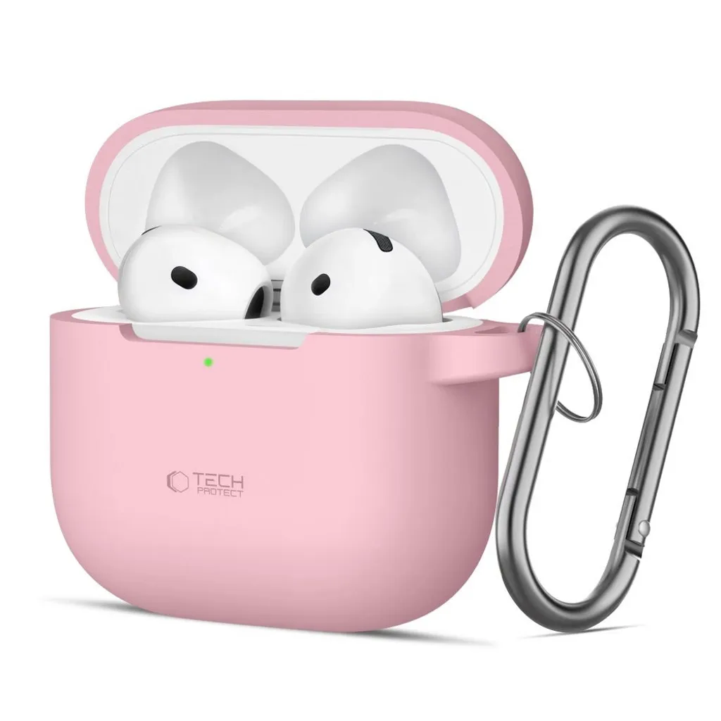 Tech-Protect silikonetui til AirPods 4 med karabinkrok – rosa v:5226530