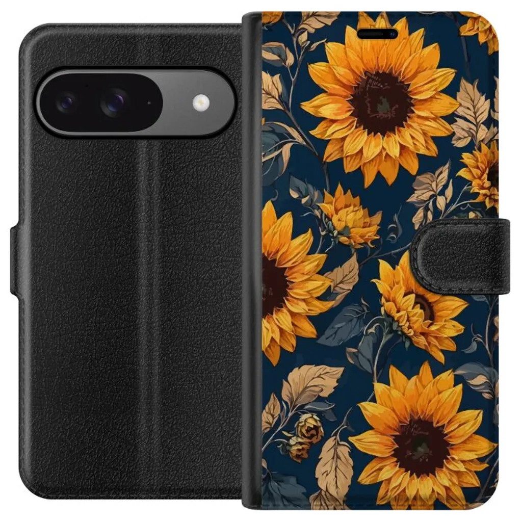 Google Pixel 9 Pro Sort Lommebokdeksel Solrosor v:4819998 Google Pixel 9 Pro Sort Lommebokdeksel Solrosor v:4819998