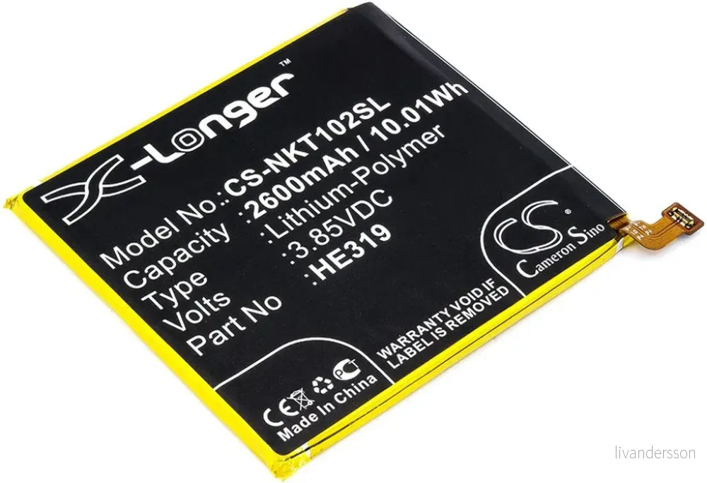 Batteri til HE319 for Nokia, 3.85V, 2600 mAh v:9396406